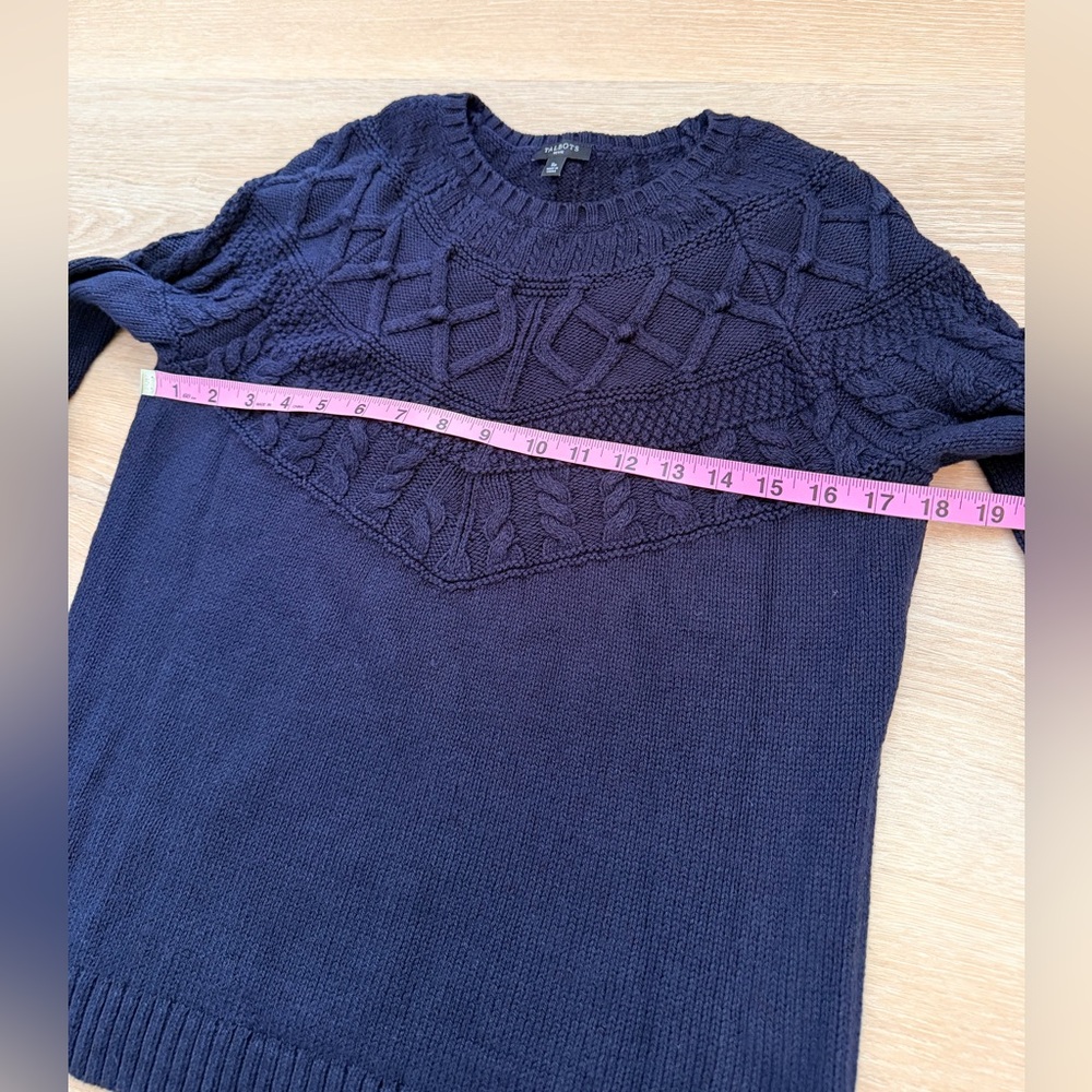 Talbots Petite Cable Knit Sweater Pullover Silk Cotton Blend Navy Blue PS - Picture 5 of 7